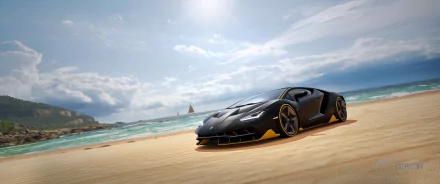 HD PC desktop wallpaper featuring a black Lamborghini Centenario supercar on a sandy beach, from the video game Forza Horizon 3.