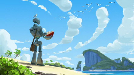A sci-fi robot stands on a beach holding a helmet, overlooking a bright blue sky with shaped clouds and distant cliffs in this HD PC desktop wallpaper.