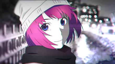 HD PC desktop wallpaper featuring Hitagi Senjōgahara from the Monogatari anime series, depicted with vibrant pink hair and a softly lit urban night background.