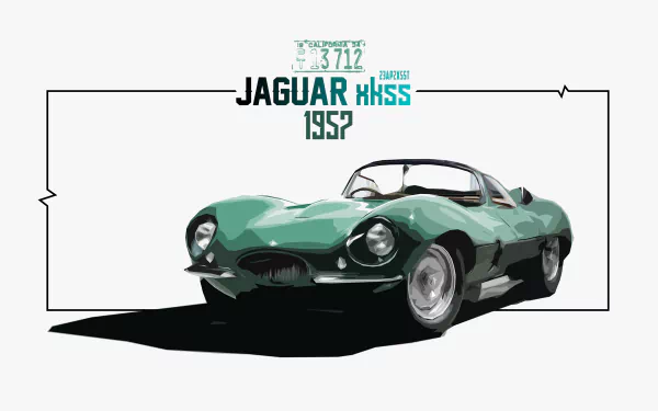 HD desktop wallpaper featuring a vintage 1957 Jaguar XKSS, showcasing a retro classic car in a sleek green design.