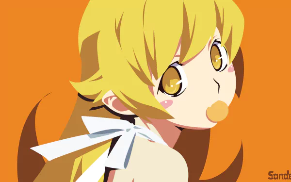 Shinobu Oshino (Monogatari) anime 4K Ultra HD PC wallpaper: stylized close-up of a blonde girl with golden eyes and ribbon against a bold orange background.