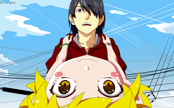 HD anime desktop wallpaper featuring Koyomi Araragi and Shinobu Oshino from the Monogatari series against a bright blue sky with clouds and power lines.