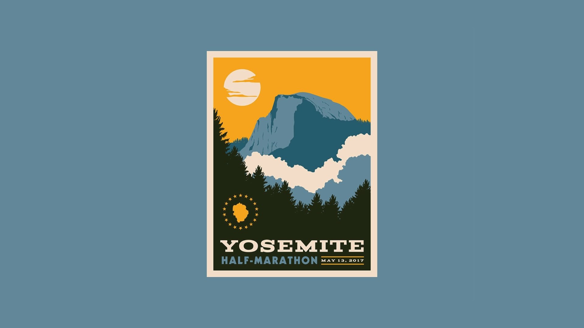 Artistic Yellowstone Yosemite Half-Marathon poster with a scenic mountain view, designed as an HD PC desktop wallpaper and background.