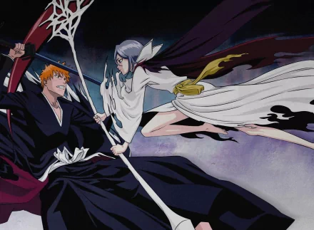 Dynamic HD wallpaper featuring Rukia Kuchiki and Ichigo Kurosaki from the anime Bleach, showcasing an intense confrontation set against a dramatic background.