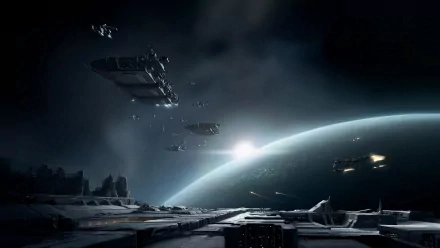 HD desktop wallpaper of EVE Online, featuring spaceships departing from a station above a luminous planet in a sci-fi setting.