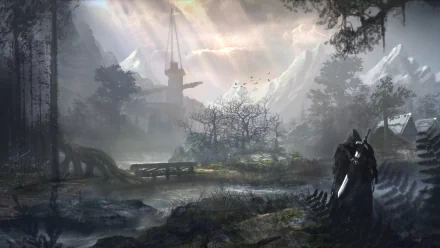HD desktop wallpaper featuring a warrior in a misty landscape from the video game ELEX, with a distant castle, mountainous background, and dramatic lighting.