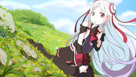 Anime HD desktop wallpaper featuring a character from Sword Art Online Movie: Ordinal Scale sitting on a grassy hill under a bright blue sky.