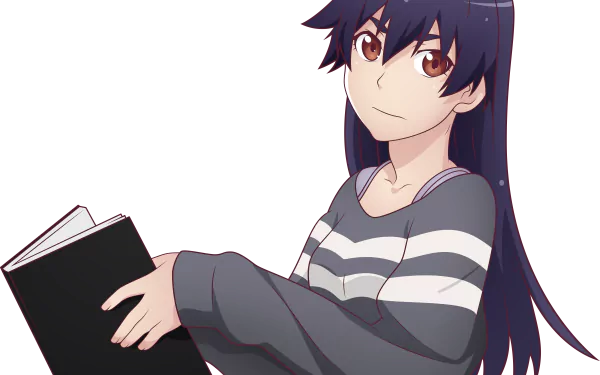 Suruga Kanbaru from Monogatari series holding a book, depicted in a detailed 4K Ultra HD anime-style PC desktop wallpaper background.