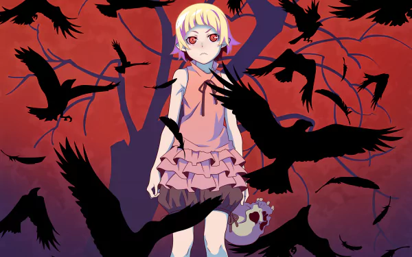 4K Ultra HD anime wallpaper featuring Shinobu Oshino from the Monogatari series, surrounded by ominous black crows against a blood-red sky and twisted tree silhouettes.