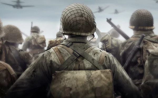 HD desktop wallpaper of soldiers in action from the video game Call of Duty: WWII, featuring a rear-view perspective with planes flying overhead.