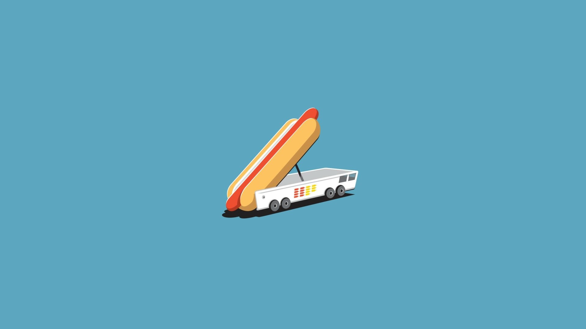 Funny food-themed 2K Quad HD PC desktop wallpaper: a hot dog styled as a missile on a launcher against a teal background.