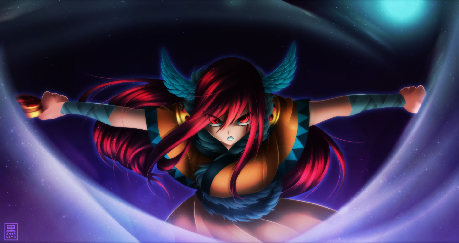HD PC desktop wallpaper featuring Erza Scarlet from the anime Fairy Tail, showcasing her intense expression and dynamic pose with glowing blue accents.