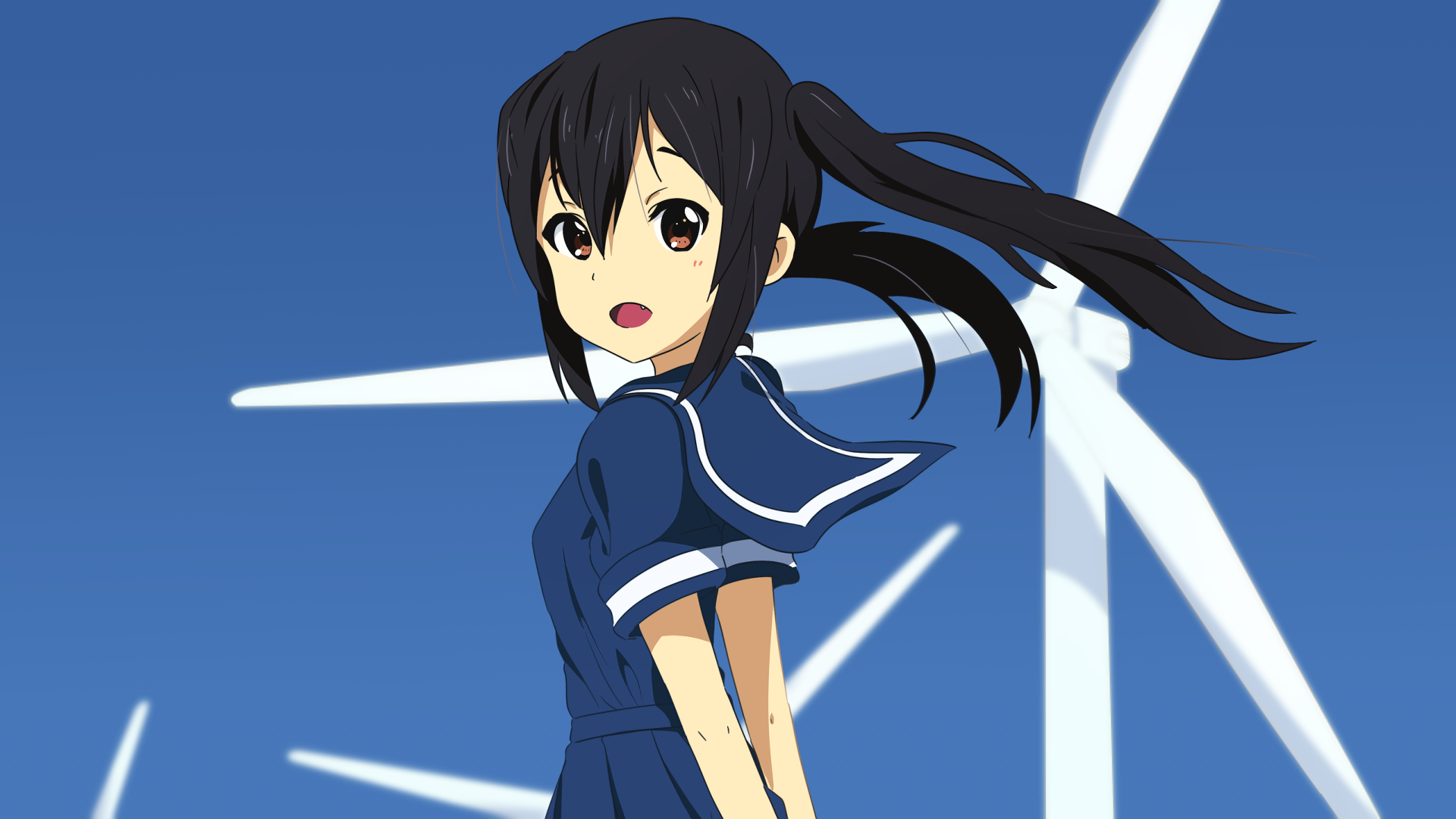 HD anime desktop wallpaper featuring Azusa Nakano from K-ON! in her school uniform with wind turbines in the background against a clear blue sky.