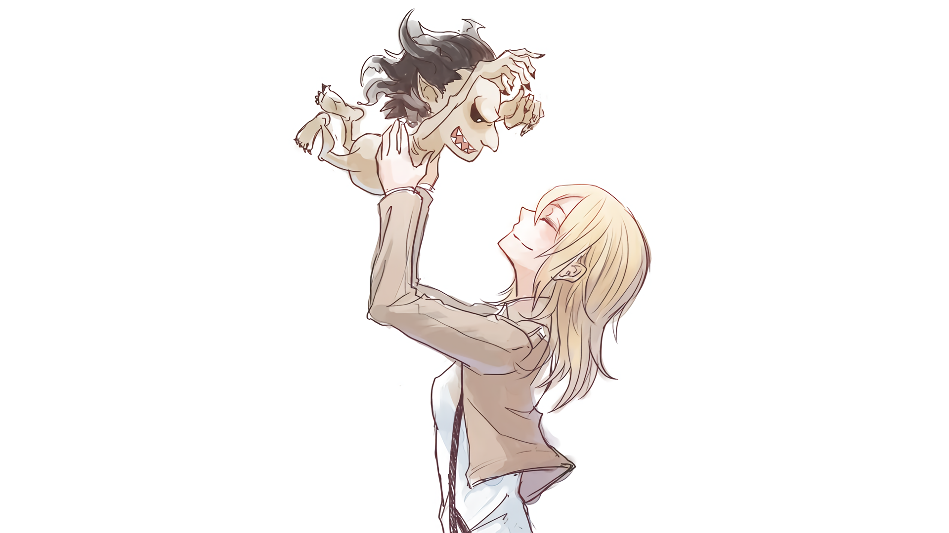 HD PC desktop wallpaper featuring Historia Reiss from the anime Attack on Titan holding a small Titan child against a white background.