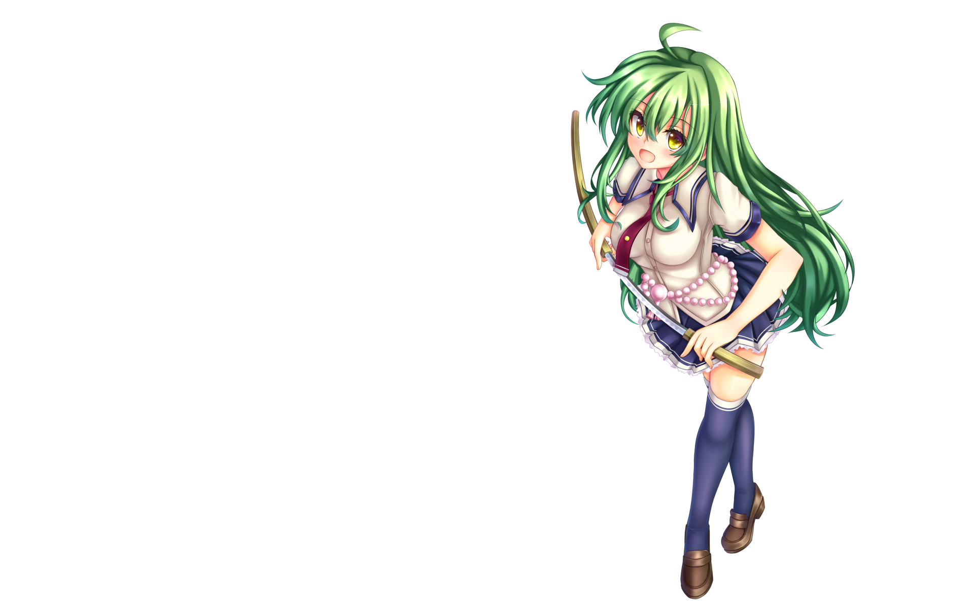 4K Ultra HD anime wallpaper featuring Satori Tamaba from Armed Girl's Machiavellism, depicted with long green hair and a determined expression, holding a wooden sword.