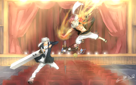 HD anime desktop wallpaper featuring Natsu Dragneel from Fairy Tail in mid-air attack, with Plue and Happy characters in a dynamic crossover scene.