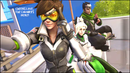 4K Ultra HD Overwatch wallpaper featuring Tracer, Mercy, and Genji posing together outdoors in vibrant colors, capturing key heroes from the popular video game.
