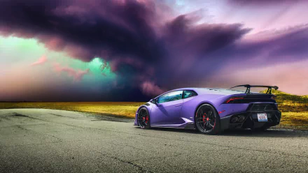 A vibrant purple Lamborghini Huracan supercar parked on an open road under dramatic, colorful skies, captured in high-definition for a PC desktop wallpaper.