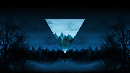 HD PC desktop wallpaper featuring an artistic polyscape of blue foggy night with silhouetted trees and a glowing inverted triangle highlighting a misty forest.