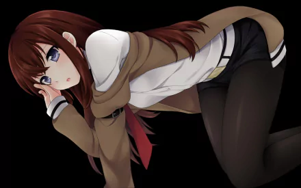 HD PC desktop wallpaper featuring Kurisu Makise from the anime Steins;Gate in a dynamic pose against a black background.