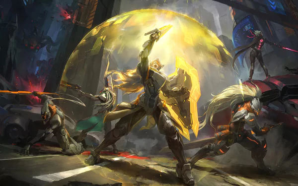 HD desktop wallpaper of League of Legends featuring characters Cho'gath, Vel'koz, Zed, Yasuo, Master Yi, Lucian, Leona, and Fiora in an intense battle scene.