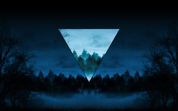HD PC desktop wallpaper featuring an artistic polyscape of blue foggy night with silhouetted trees and a glowing inverted triangle highlighting a misty forest.