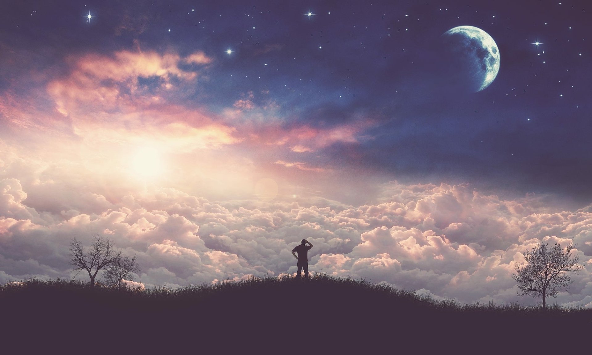 A fantasy landscape HD desktop wallpaper featuring a lone figure standing on a hill, gazing at a dreamy sky filled with clouds, stars, and a glowing moon.
