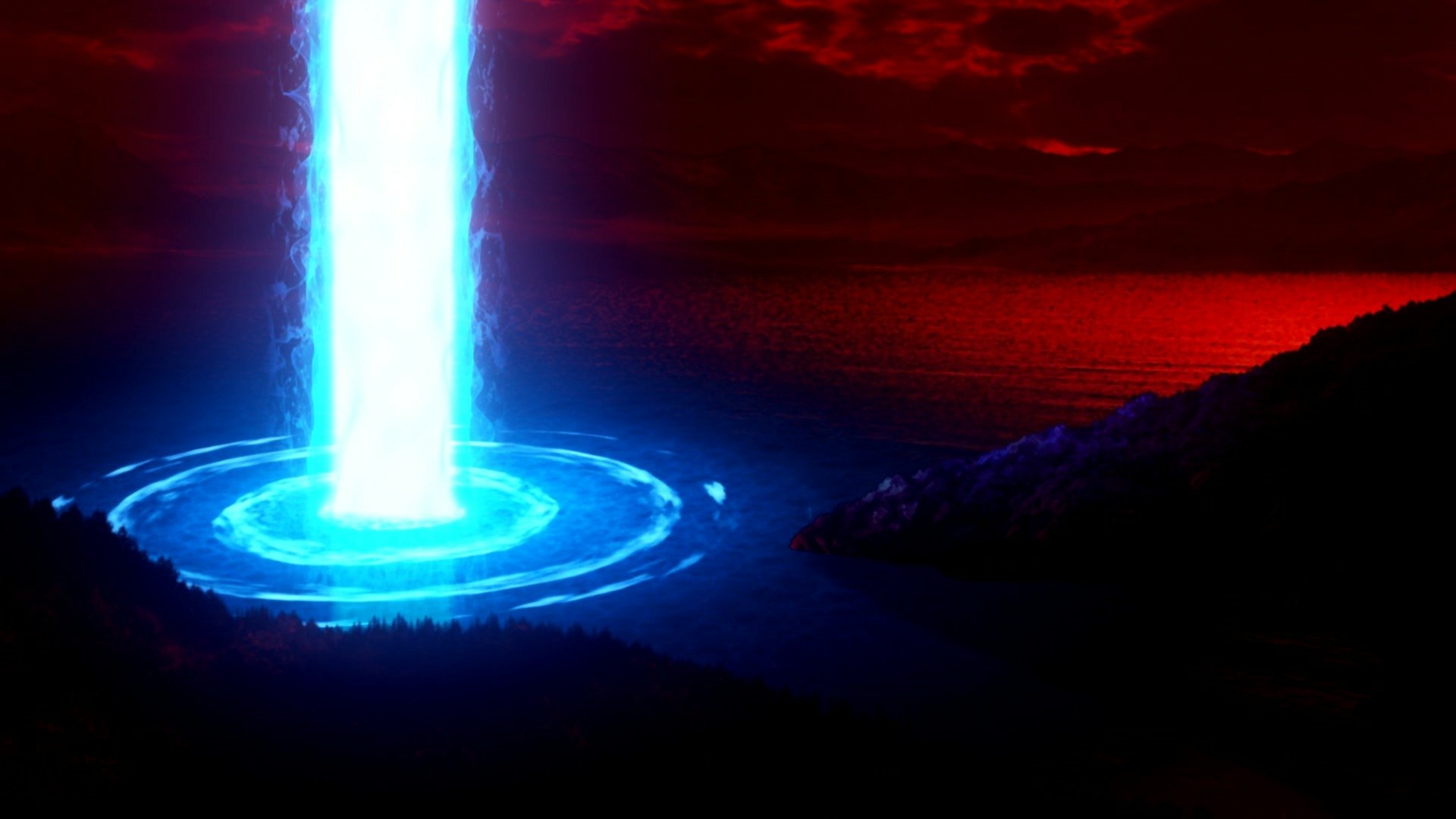 HD PC desktop wallpaper from the video game Tales of Berseria, featuring a glowing blue energy beam against a dark red and black landscape.