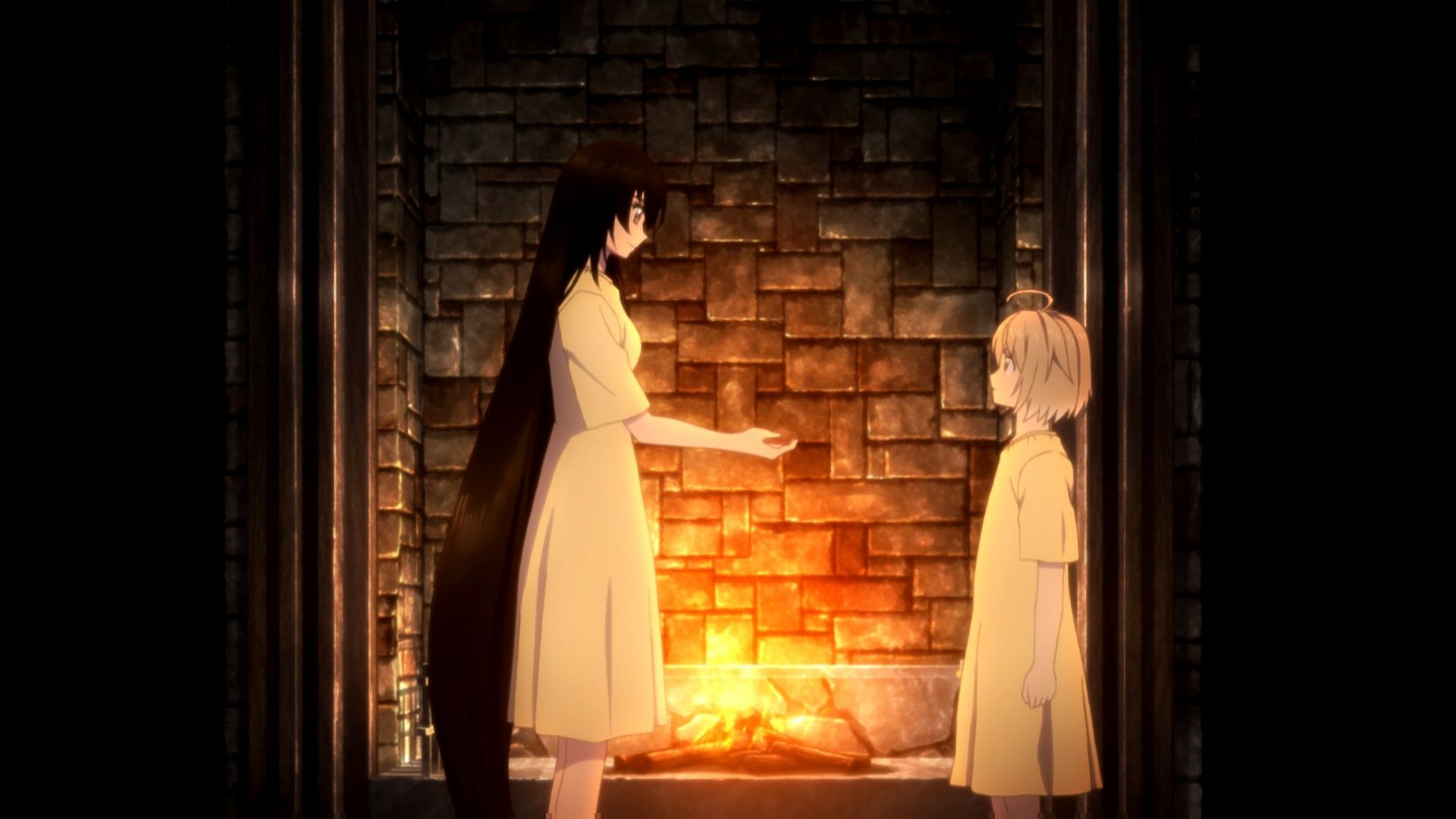 HD PC desktop wallpaper from the video game Tales of Berseria featuring two characters in white dresses standing by a glowing fireplace against a brick wall background.