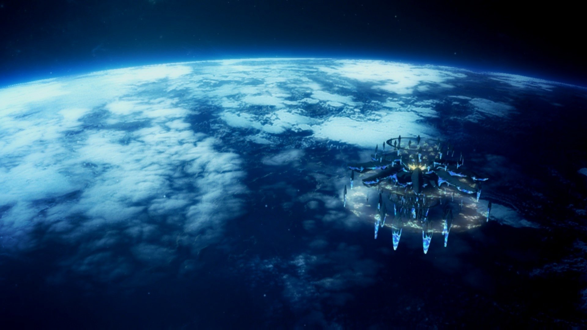 HD PC desktop wallpaper from the video game Tales of Berseria, featuring a futuristic floating structure above the Earth's curved, cloud-covered surface in space.