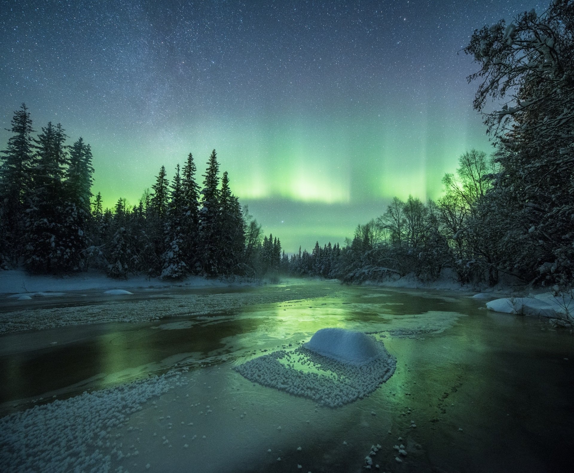 Download Starry Sky River Winter Light Night Nature Aurora Borealis HD ...