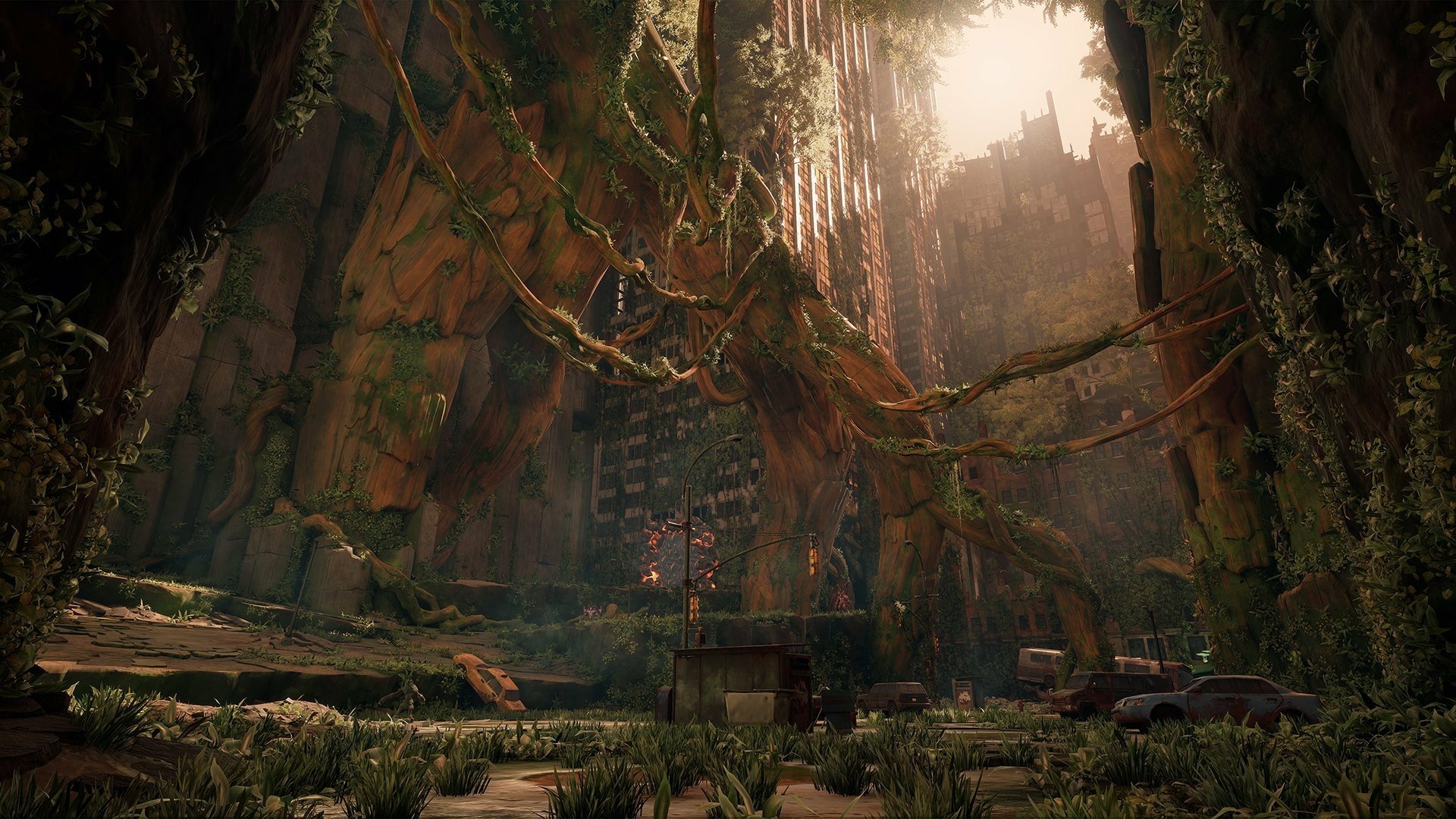 HD PC desktop wallpaper featuring a post-apocalyptic landscape from the video game Darksiders III, with overgrown ruins and a glowing, mystical ambiance.