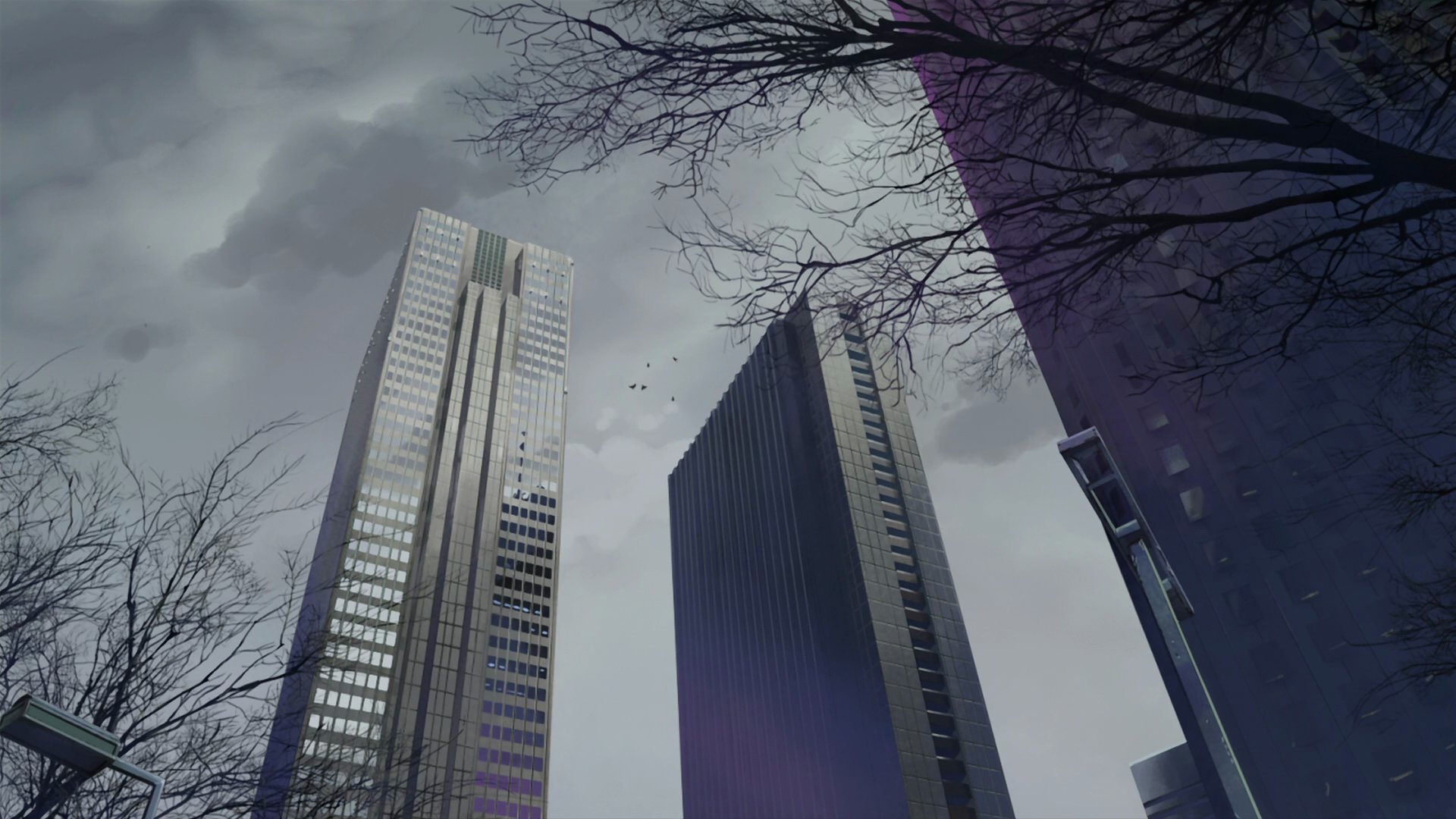 HD PC desktop wallpaper from the anime 5 Centimeters per Second, featuring tall city skyscrapers under a cloudy sky with bare tree branches framing the scene.
