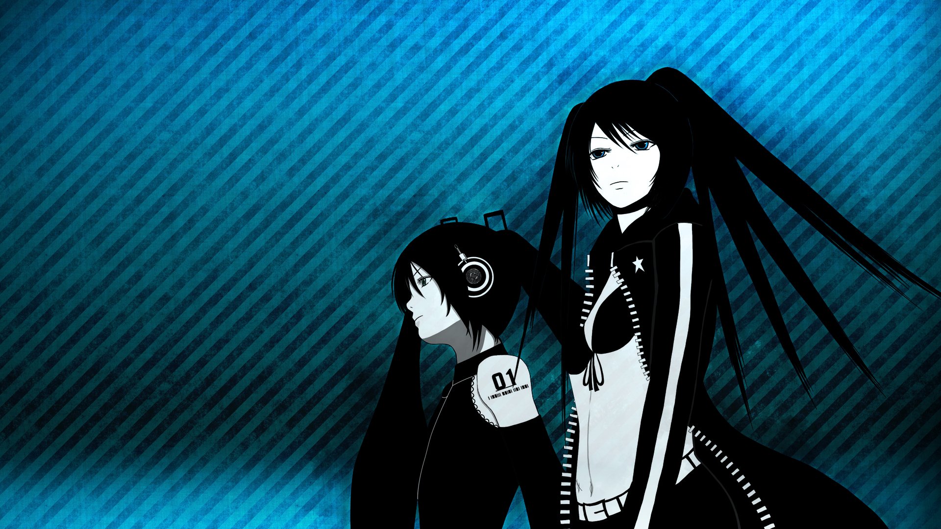 HD anime desktop wallpaper featuring two cute characters from Black Rock Shooter against a textured blue background, capturing a sleek and dynamic style.