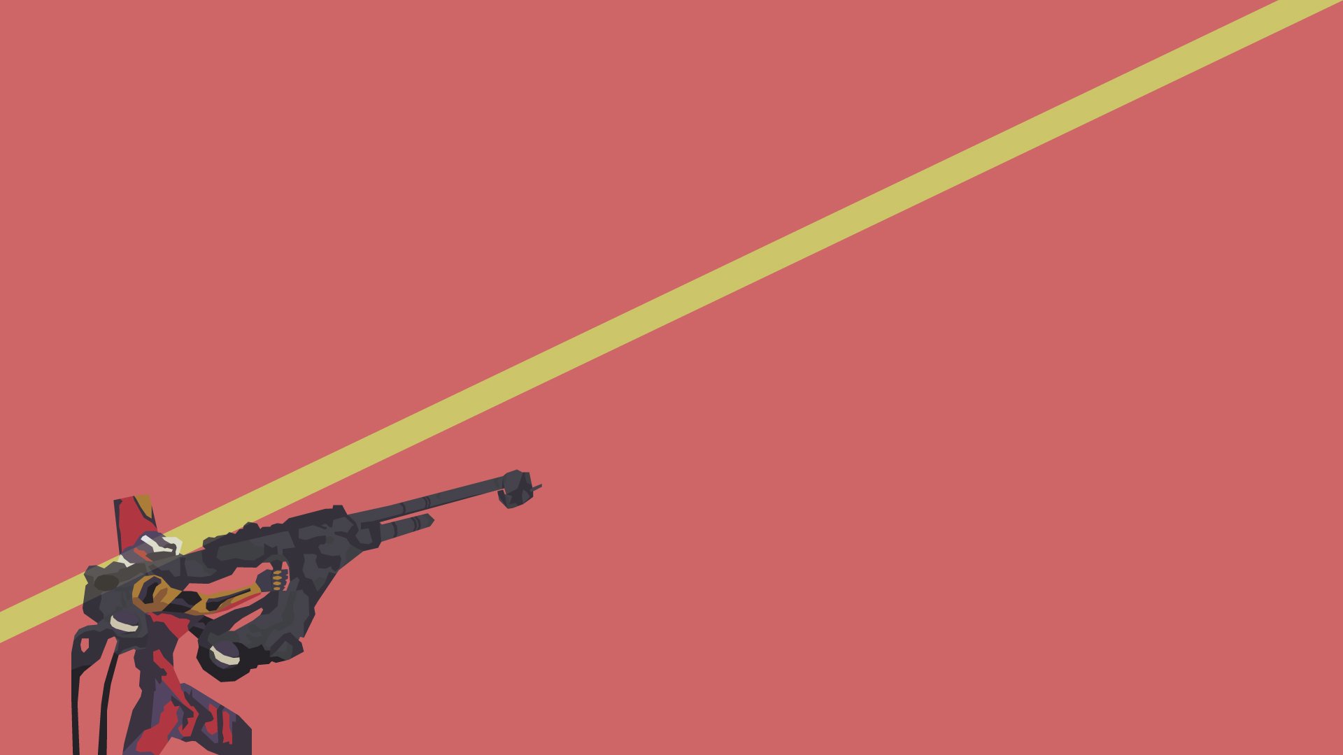 Evangelion Unit-02 from Neon Genesis Evangelion aiming a rifle, firing a yellow beam across a minimalist red HD PC desktop wallpaper background.