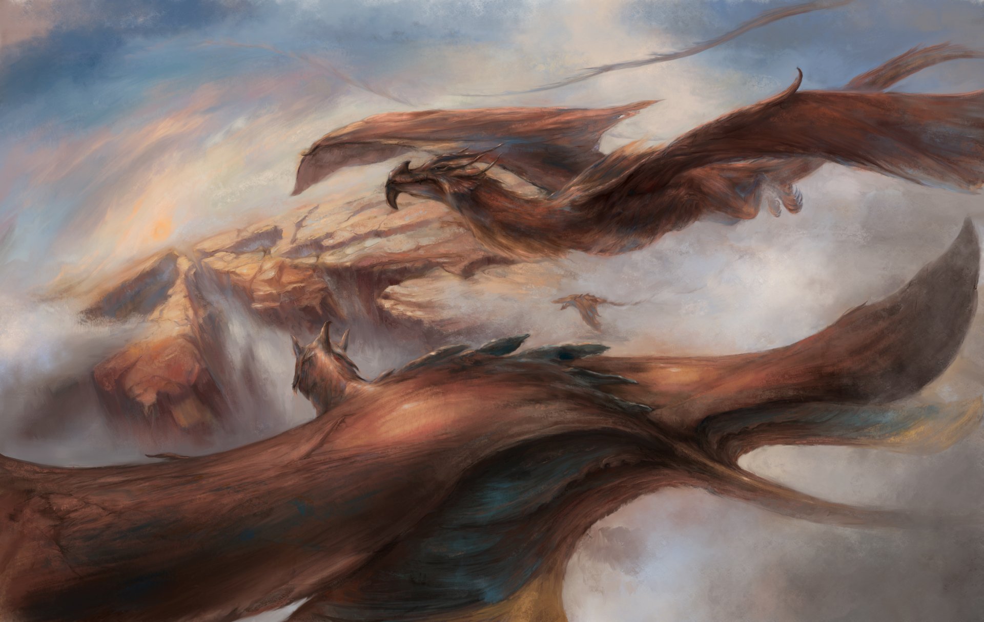 A majestic fantasy dragon soaring above rocky cliffs under a cloudy sky, rendered in stunning 4K Ultra HD for PC desktop wallpaper.