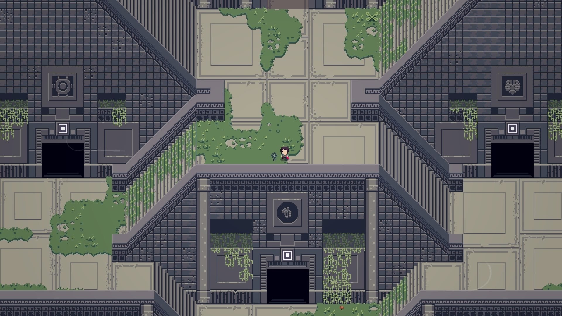 HD desktop wallpaper from Titan Souls featuring a top-down view of a character in a puzzle-filled temple environment.
