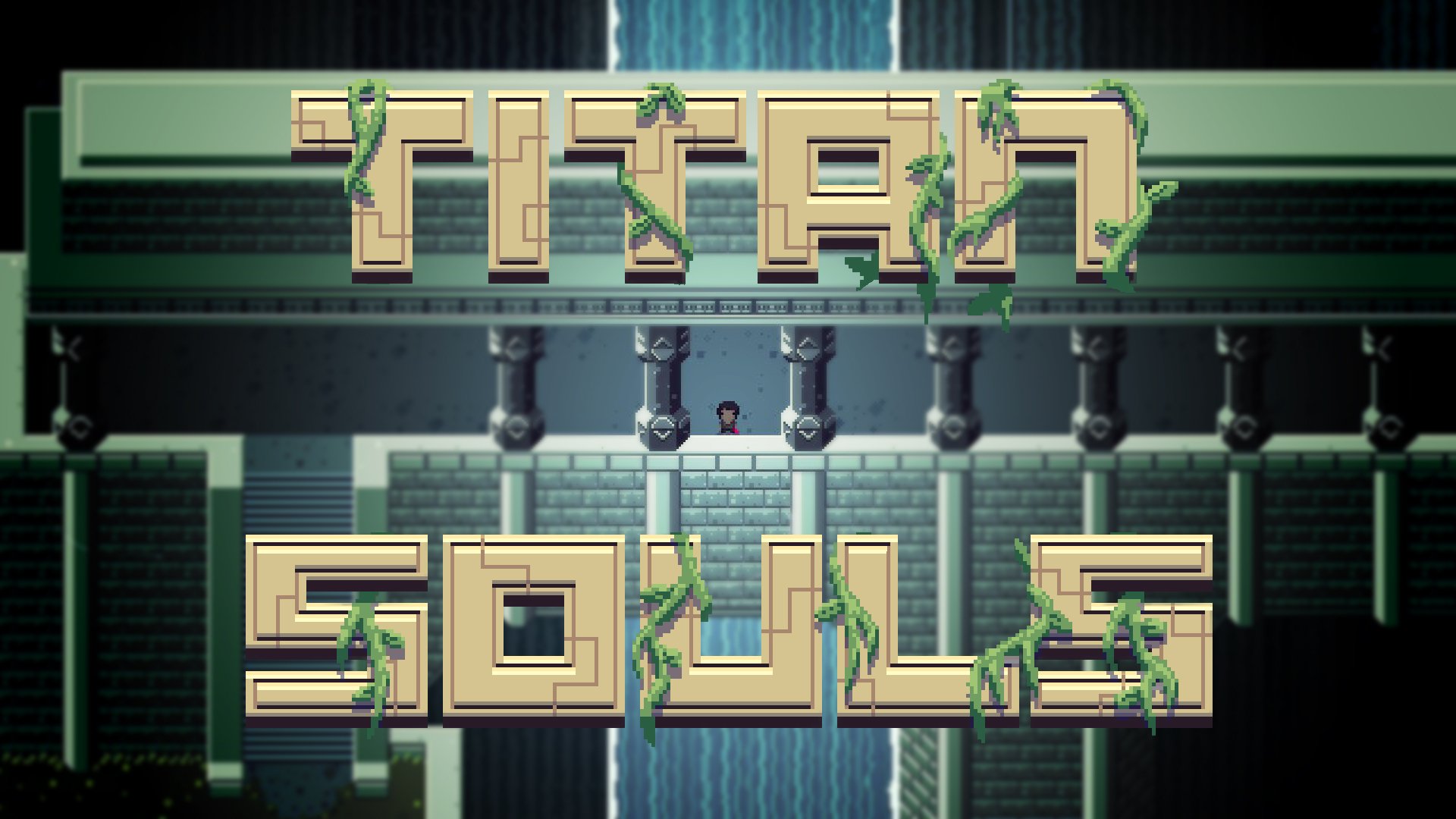 HD desktop wallpaper for Titan Souls featuring the game's pixelated title with a mystical backdrop.