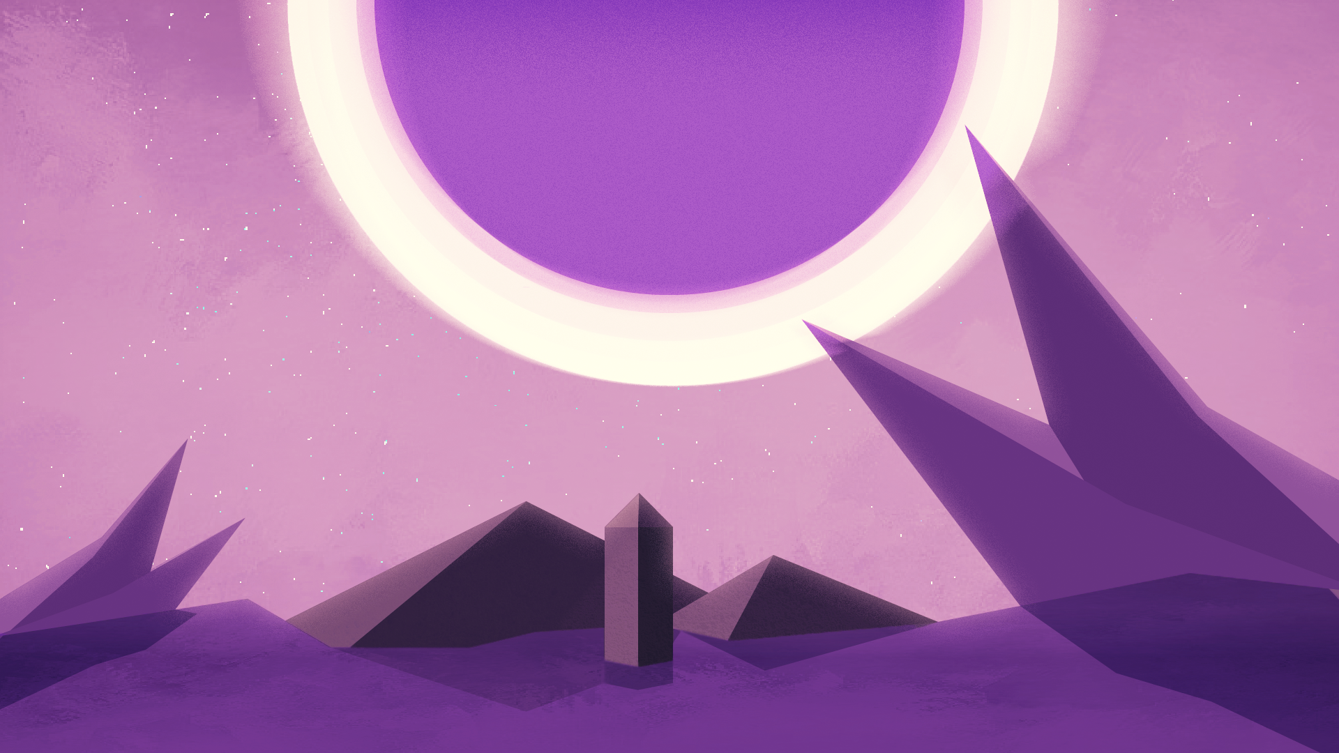 A violet sci-fi landscape with glowing purple star and monolithic pyramids under a galaxy-lit sky, designed as an HD PC desktop wallpaper.