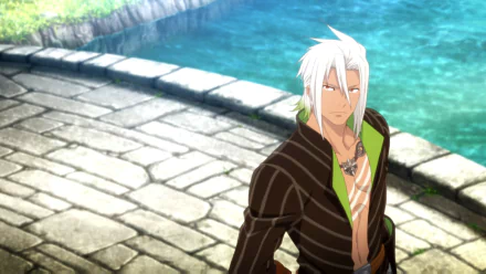 HD PC desktop wallpaper from the video game Tales of Berseria featuring a white-haired character standing by a stone path near clear blue water.