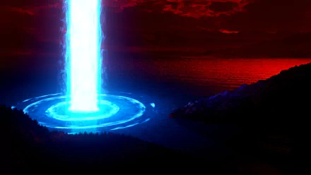 HD PC desktop wallpaper from the video game Tales of Berseria, featuring a glowing blue energy beam against a dark red and black landscape.