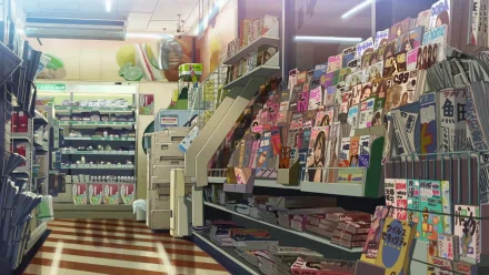 A vibrant HD desktop wallpaper depicting an anime scene from 5 Centimeters per Second, showcasing a colorful magazine shop filled with various magazines and products.