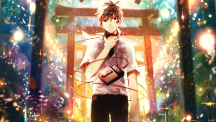 HD desktop wallpaper featuring Kaworu Nagisa from the anime Evangelion: 3.0 You Can (Not) Redo. Kaworu stands with colorful lights and a torii gate in the background, creating a vibrant and ethereal scene.
