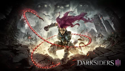 A vibrant 8K Ultra HD wallpaper depicting Fury from Darksiders III, showcasing her dynamic pose wielding a whip amidst a dark, intense backdrop of The Charred Council.