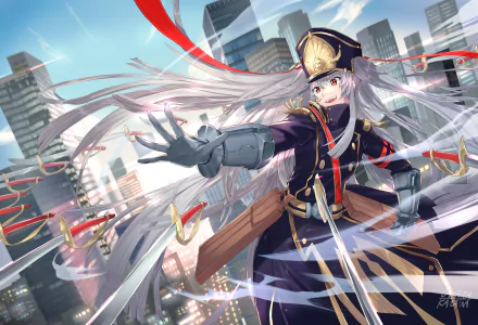 A dynamic HD wallpaper featuring Gunpuku no Himegimi from the anime Re:Creators, showcasing a powerful scene with vibrant cityscape background and flowing hair.