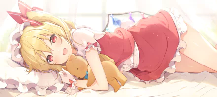 HD anime desktop wallpaper featuring Flandre Scarlet from Touhou, lying down with a teddy bear in a soft, pastel-colored setting.