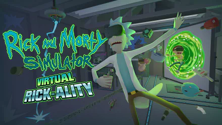 HD wallpaper of Rick and Morty: Virtual Rick-ality featuring Rick Sanchez and Morty Smith with a green portal in the background.