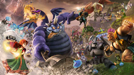 HD desktop wallpaper featuring characters and creatures from Dragon Quest Heroes II in a vibrant battle scene.