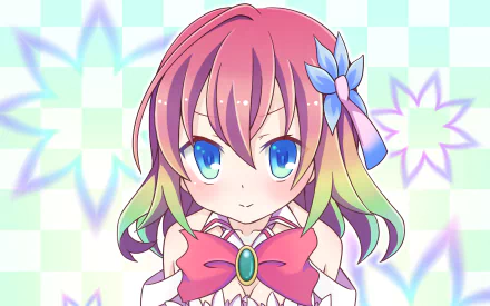 HD anime desktop wallpaper featuring Stephanie Dola from No Game No Life with vibrant pink and green hair, blue eyes, and a blue flower accessory.