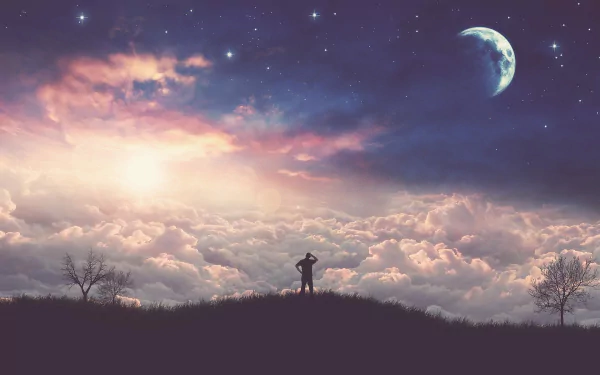 A fantasy landscape HD desktop wallpaper featuring a lone figure standing on a hill, gazing at a dreamy sky filled with clouds, stars, and a glowing moon.